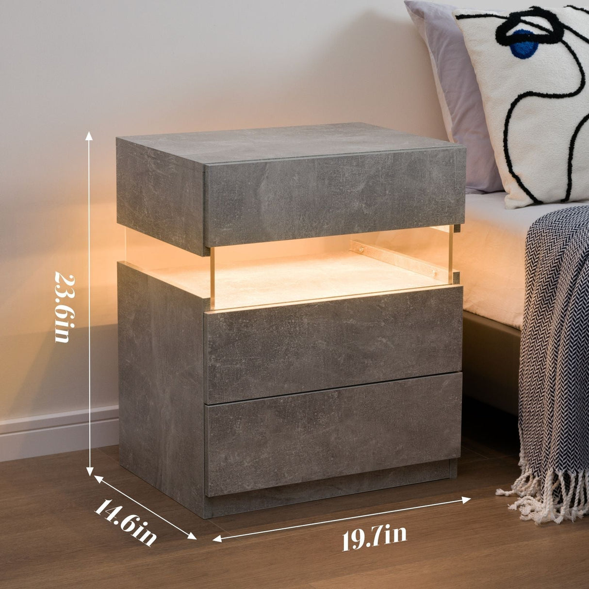 LED Nightstands: Acrylic Board, End Table with 3 Drawer Dresser (Gray)