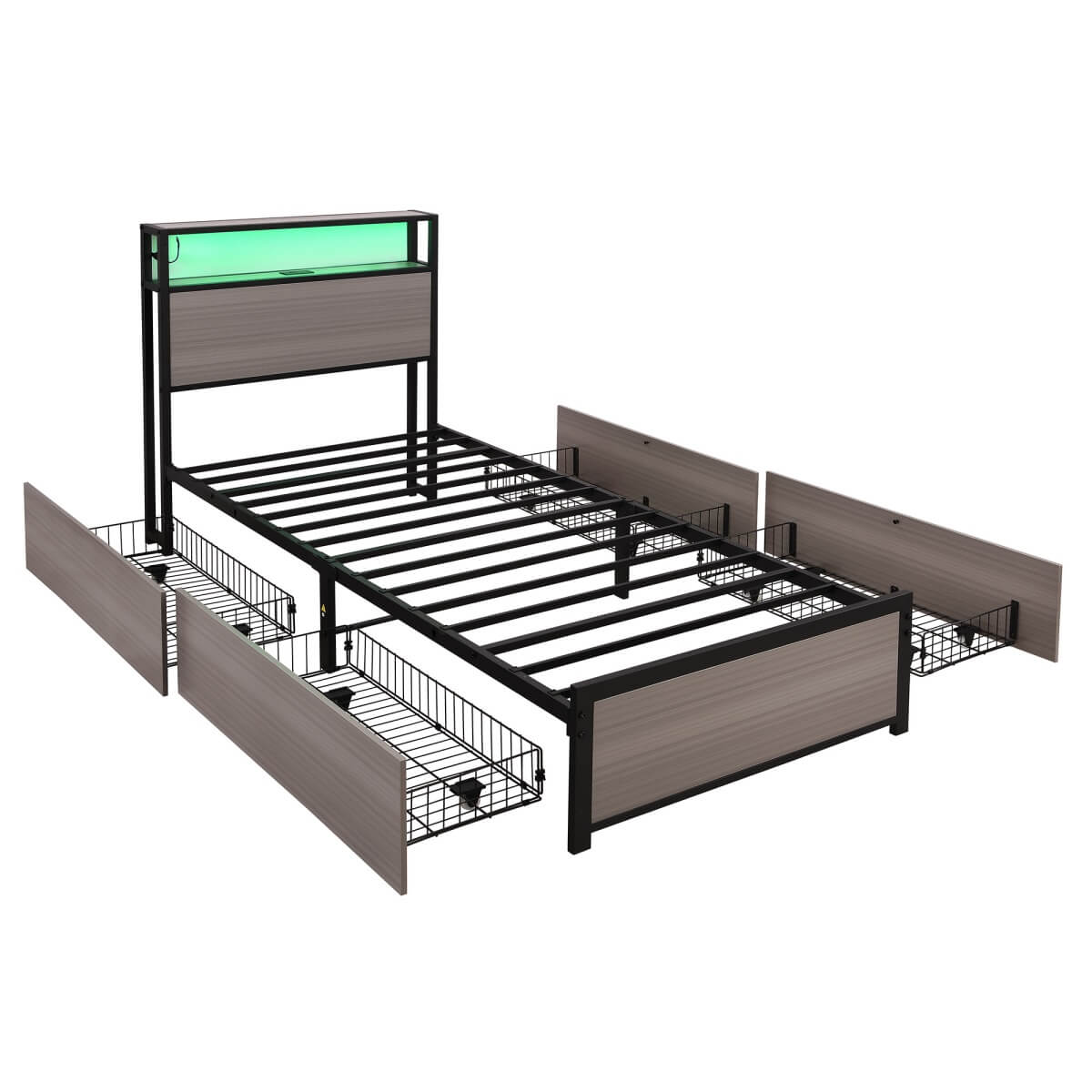 3FT Metal Bed Frame with LED Lights & 4 Drawers - Single Storage Bed with USB & Type-C Charging, Grey