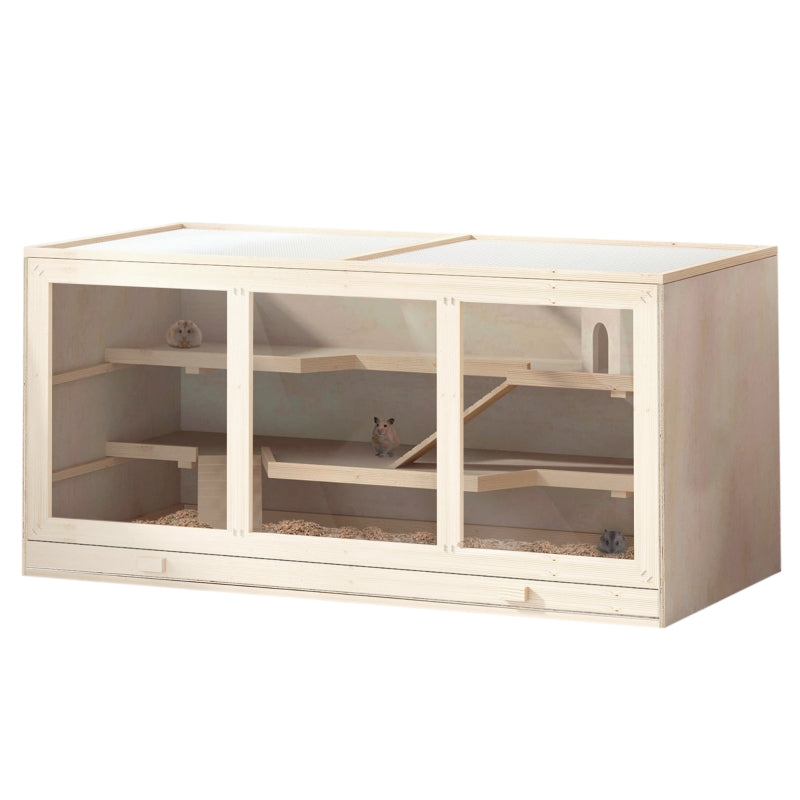 Hamster Cage with Tray, Openable Top, Exercise Play House, Natural Wood