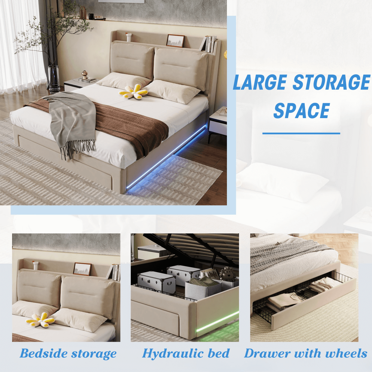 5ft King Size Upholstered Storage Bed – Velvet Hydraulic Bed with End Drawers, LED Light Strips