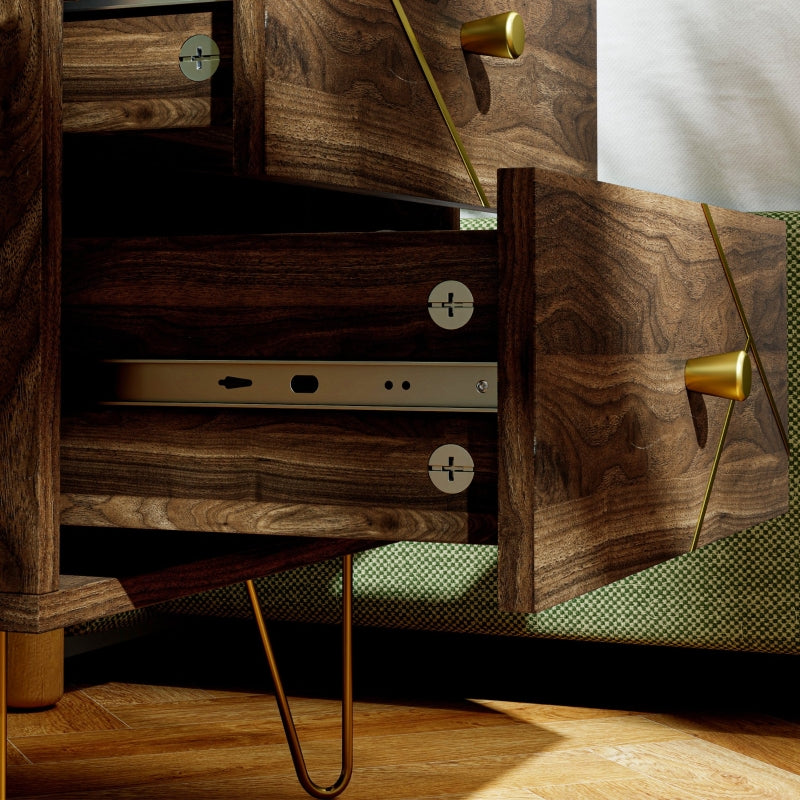 Bedside Tables, Modern Set of 2 with 2 Drawers and Steel Hairpin Legs, Brown Wood Grain