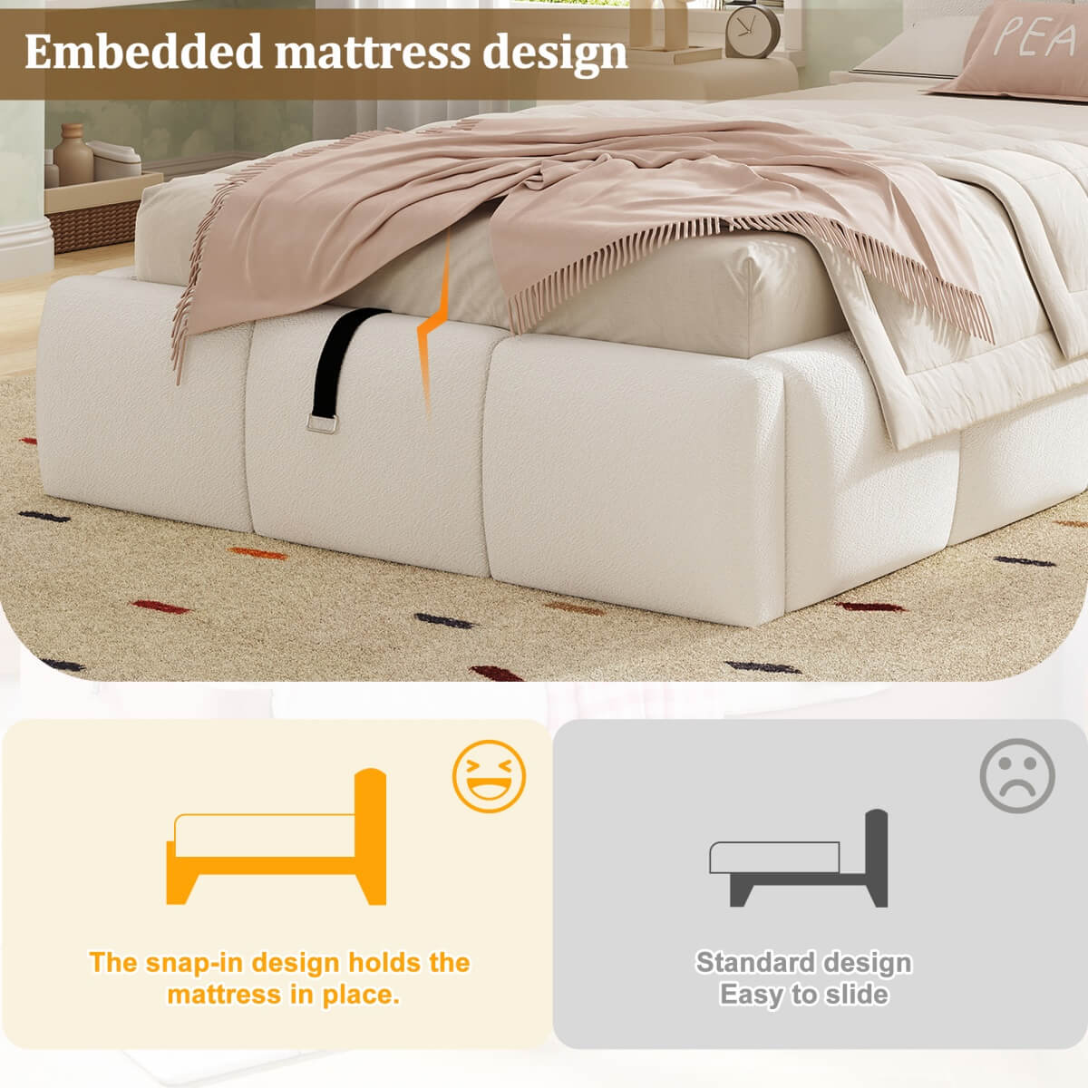3ft Bouclé Upholstered Storage Bed - Single Hydraulic Bed with Headboard, Beige