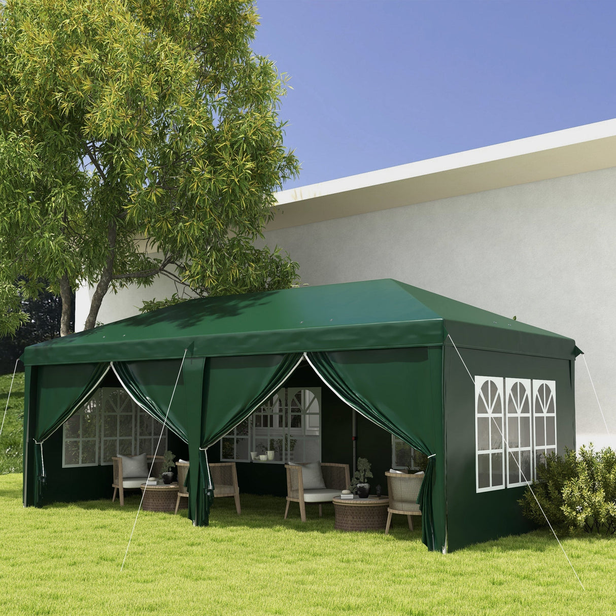 3 x 6m Pop-Up Gazebo with Curtain Walls and Windows - Dark Green