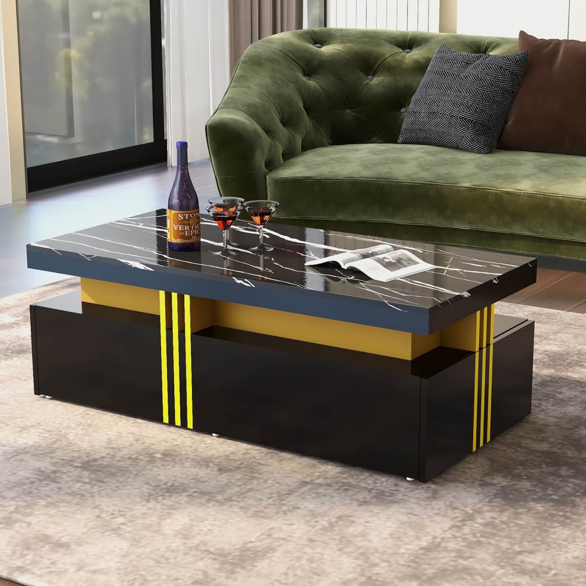 Black Rectangular Coffee Table - Marble Effect Top, 2 Wooden Drawers, 100x50x40cm
