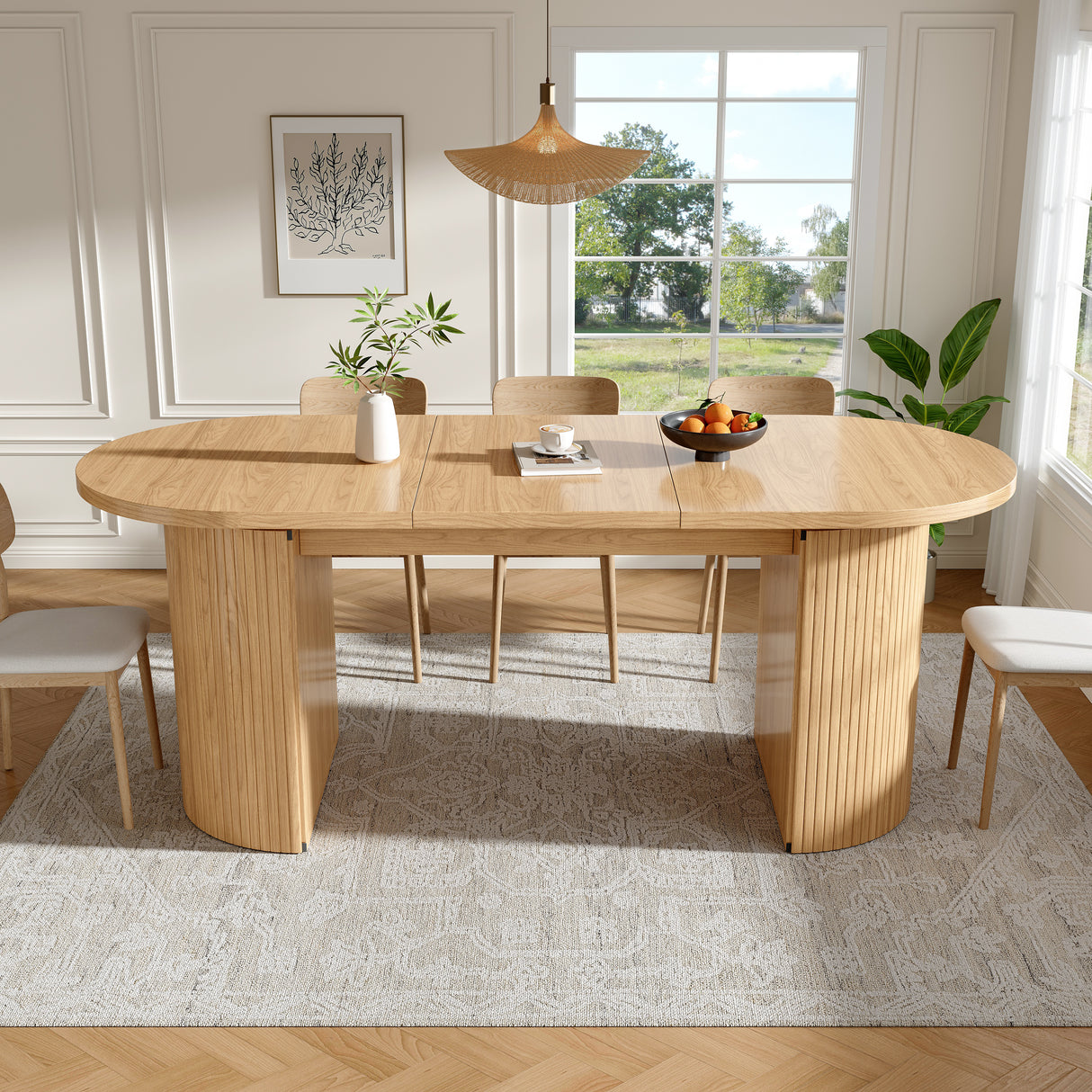 Extendable dining table with hidden storage compartment, thickened tabletop for high stability, flexibly adaptable for small spaces, kitchen, study and living room, natural brown