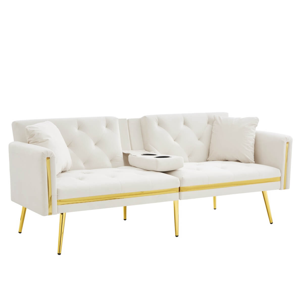 2-Seater Convertible Sofa Bed – Adjustable Backrest with Gold Accents and Built-in Cup Holders