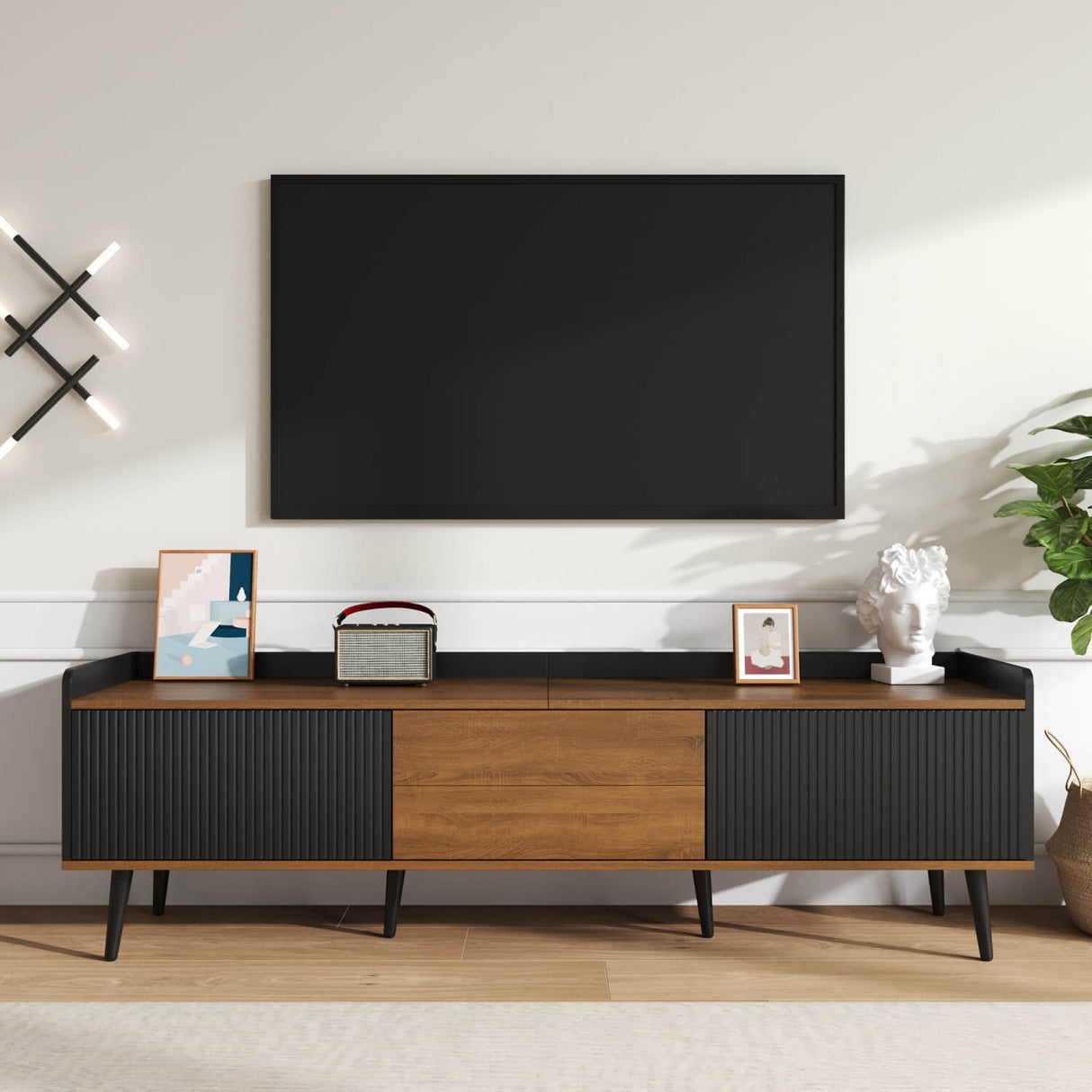 3-Door TV Cabinet – Black & Natural Wood Finish, Compact TV Stand for Living Room