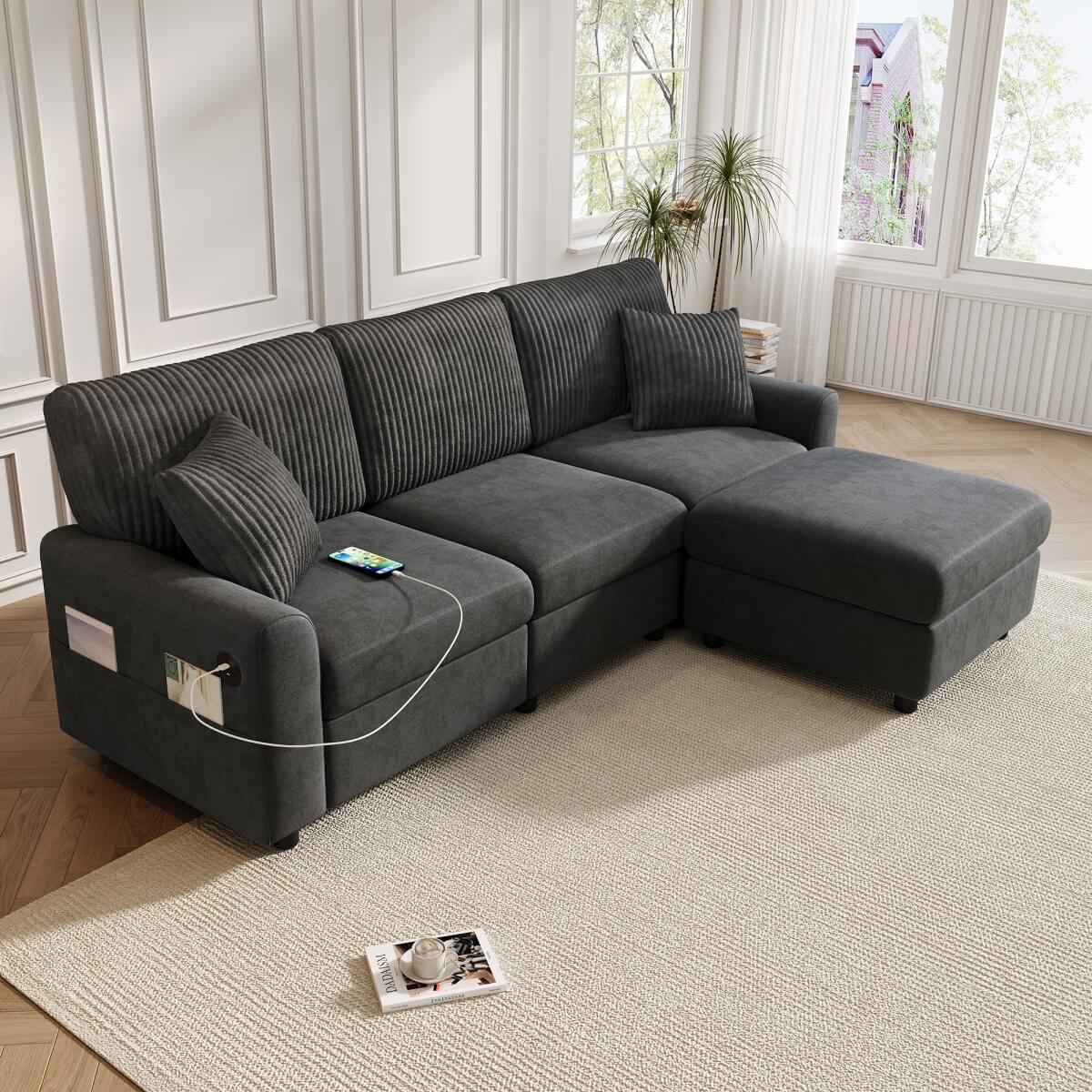 3-4 Seater Modern Sofa with Footstool - USB and Type-C Charging, Dark Grey
