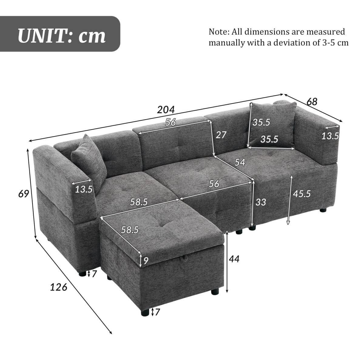 L-Shaped Corner Sofa - 80" Fabric Sectional Sofa with Removable Storage Ottoman & 2 Cushions, Grey