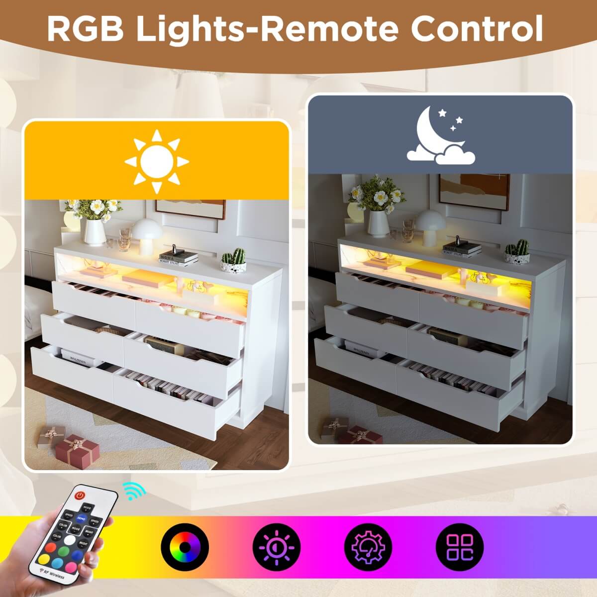 6 Drawer Chest of Drawers with RGB LED Lights - Modern Marble Effect Storage Cabinet with Shelves for Bedroom or Living Room, White