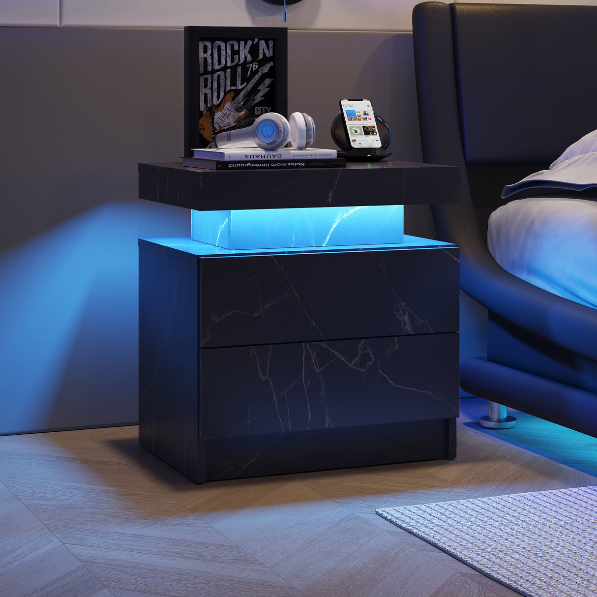 Nightstand with LED Bedside Table Cabinet Lights and 2 Drawers, Black Gold