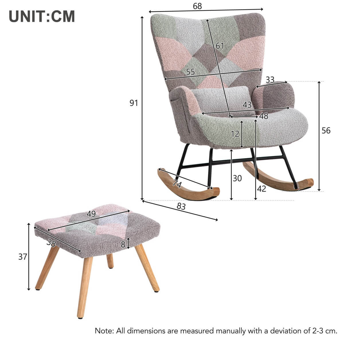Fabric Rocking Chair with Ottoman - Wingback Accent Armchair with Wooden Legs
