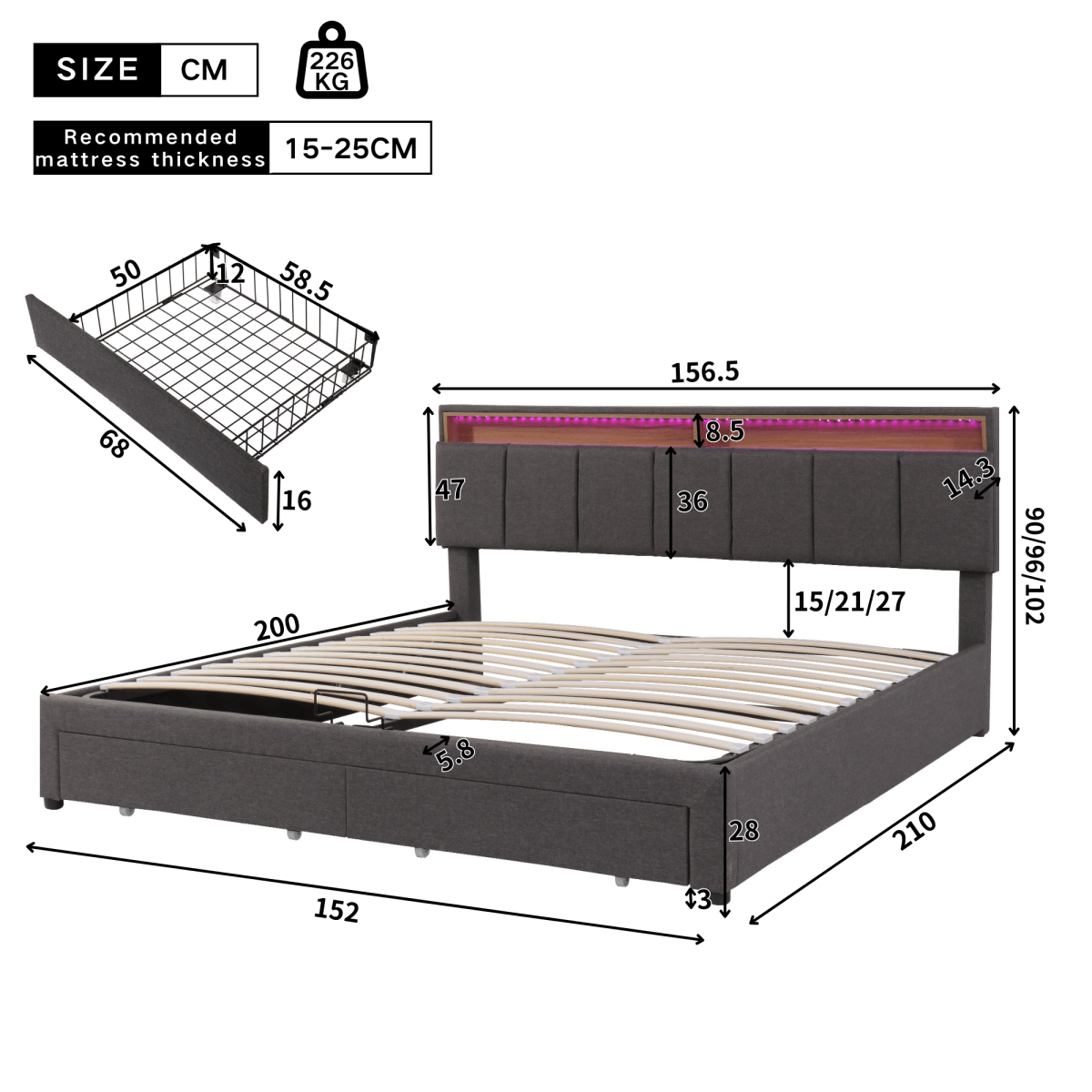 5ft King Upholstered Storage Bed with LED Lights – Hydraulic Bed with Drawers, Bed Box and Stowable Headboard