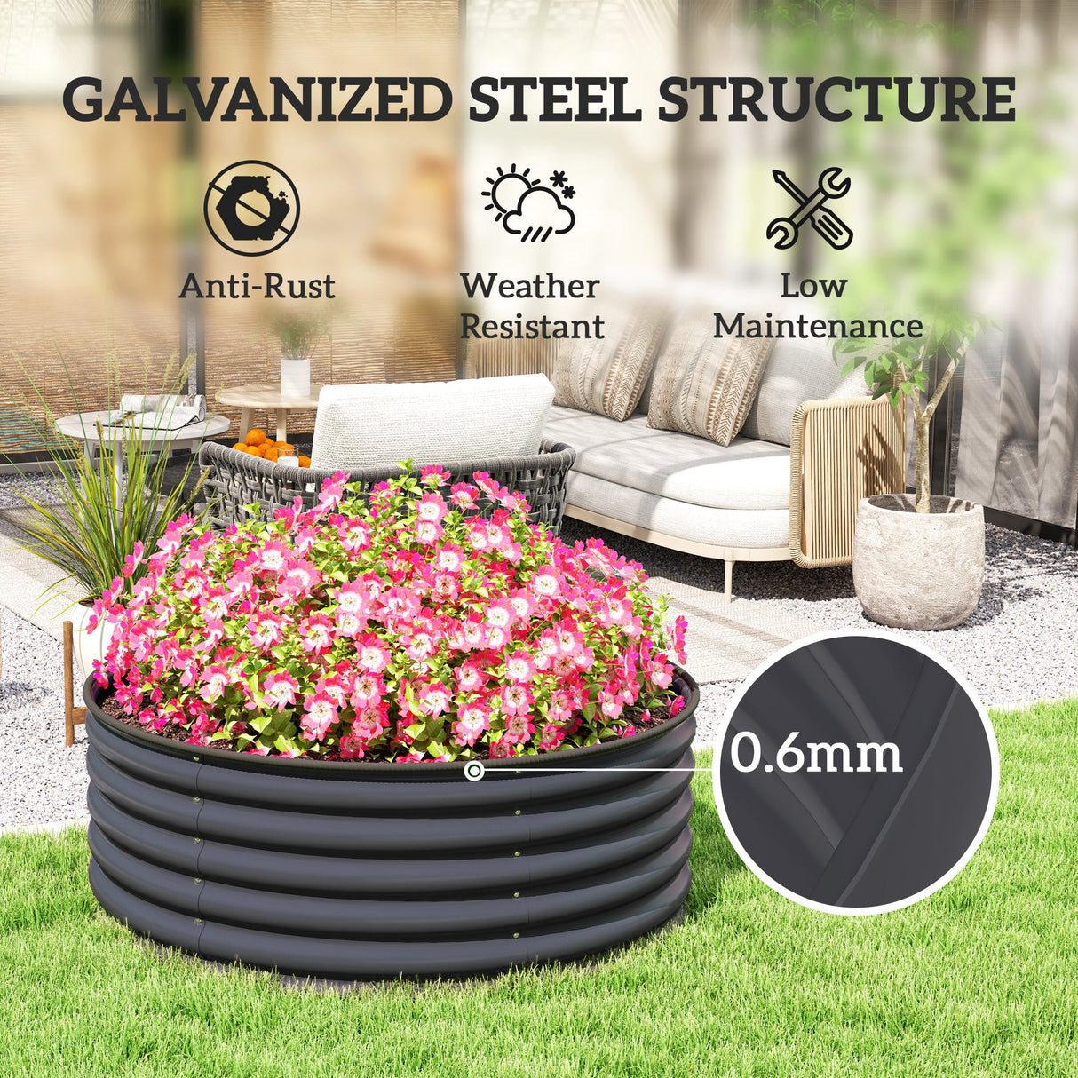 Galvanised Raised Garden Bed with Safety Edging, Outdoor Planter Box, 120 x 120 x 43cm, Dark Grey