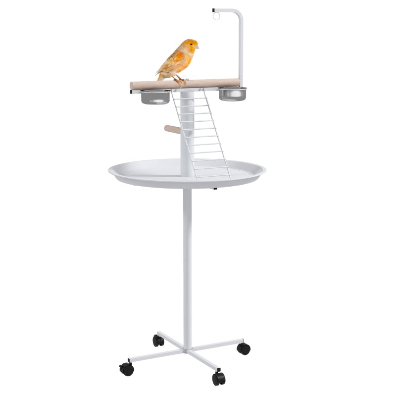 Bird Stand with Four Wheels, Perches, Stainless Steel Feed Bowls, Round Tray - White