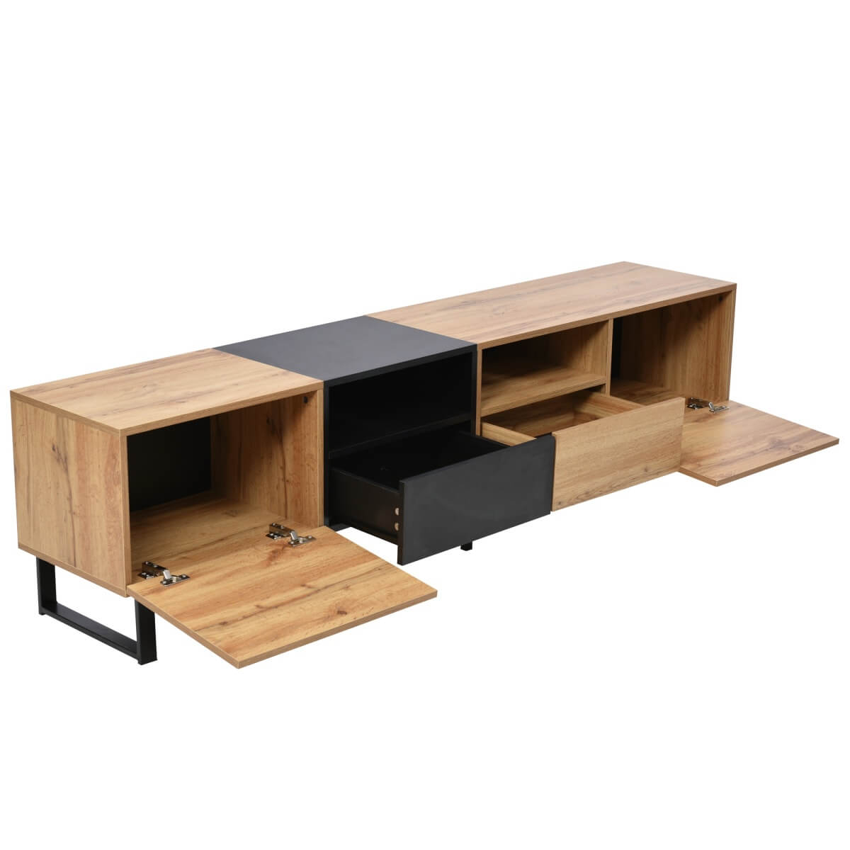 190cm Modern TV Stand - Black & Wood Media Console with Storage Cabinets and Drawers