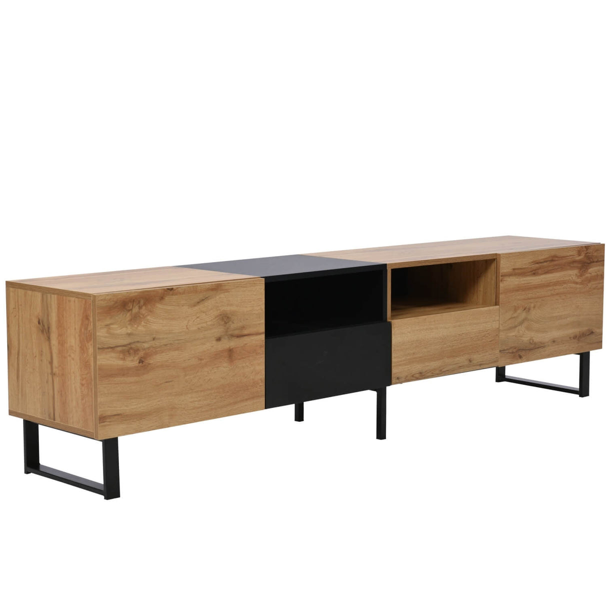 190cm Modern TV Stand - Black & Wood Media Console with Storage Cabinets and Drawers