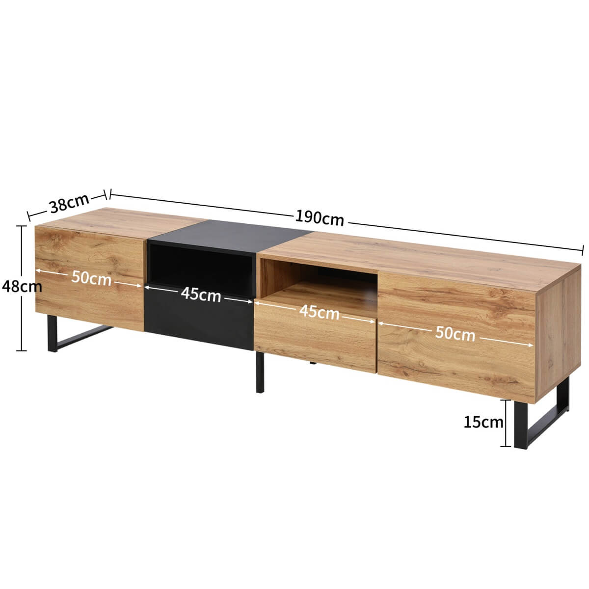 190cm Modern TV Stand - Black & Wood Media Console with Storage Cabinets and Drawers