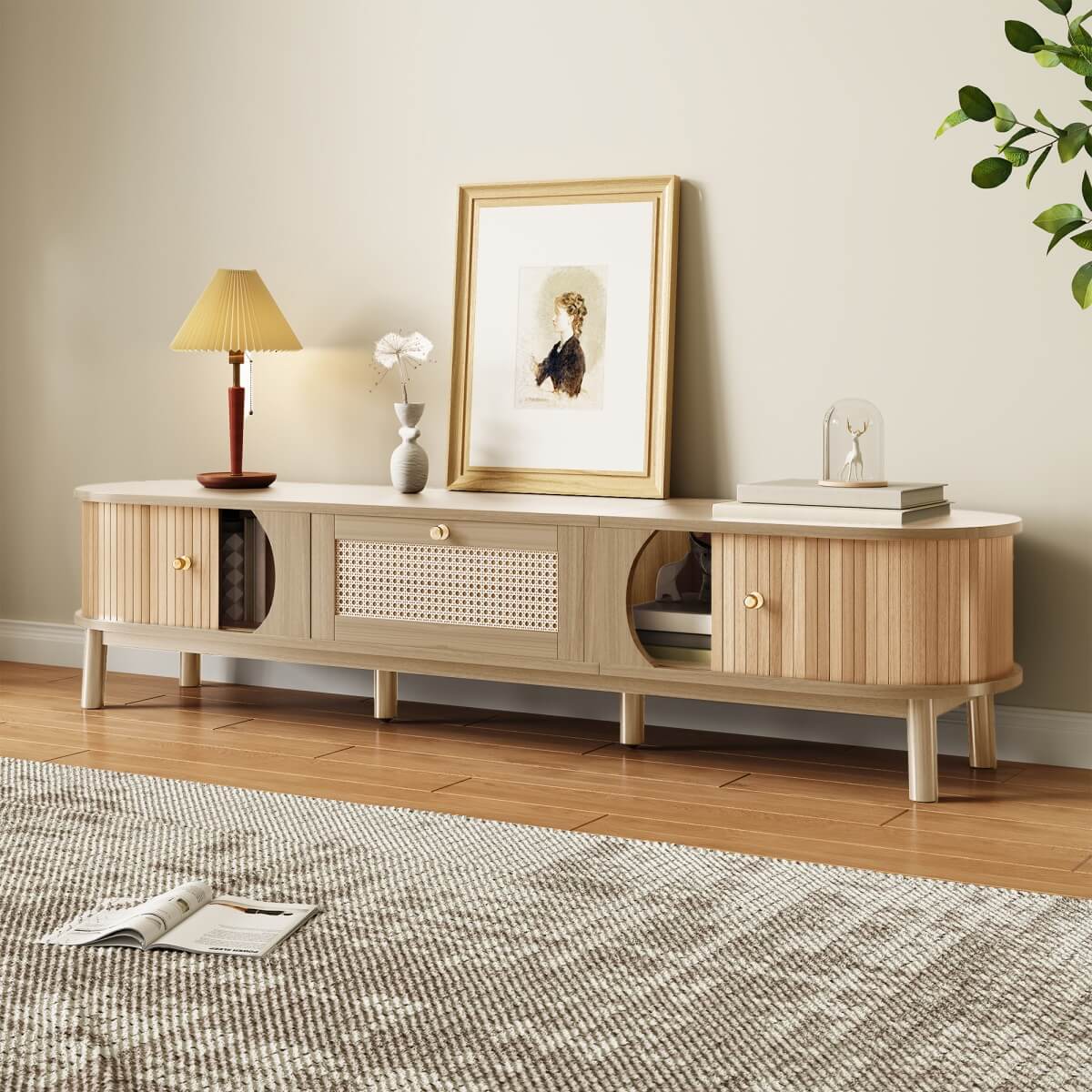 Rattan TV Cabinet with Solid Wood Doors - Natural Rustic Storage TV Stand