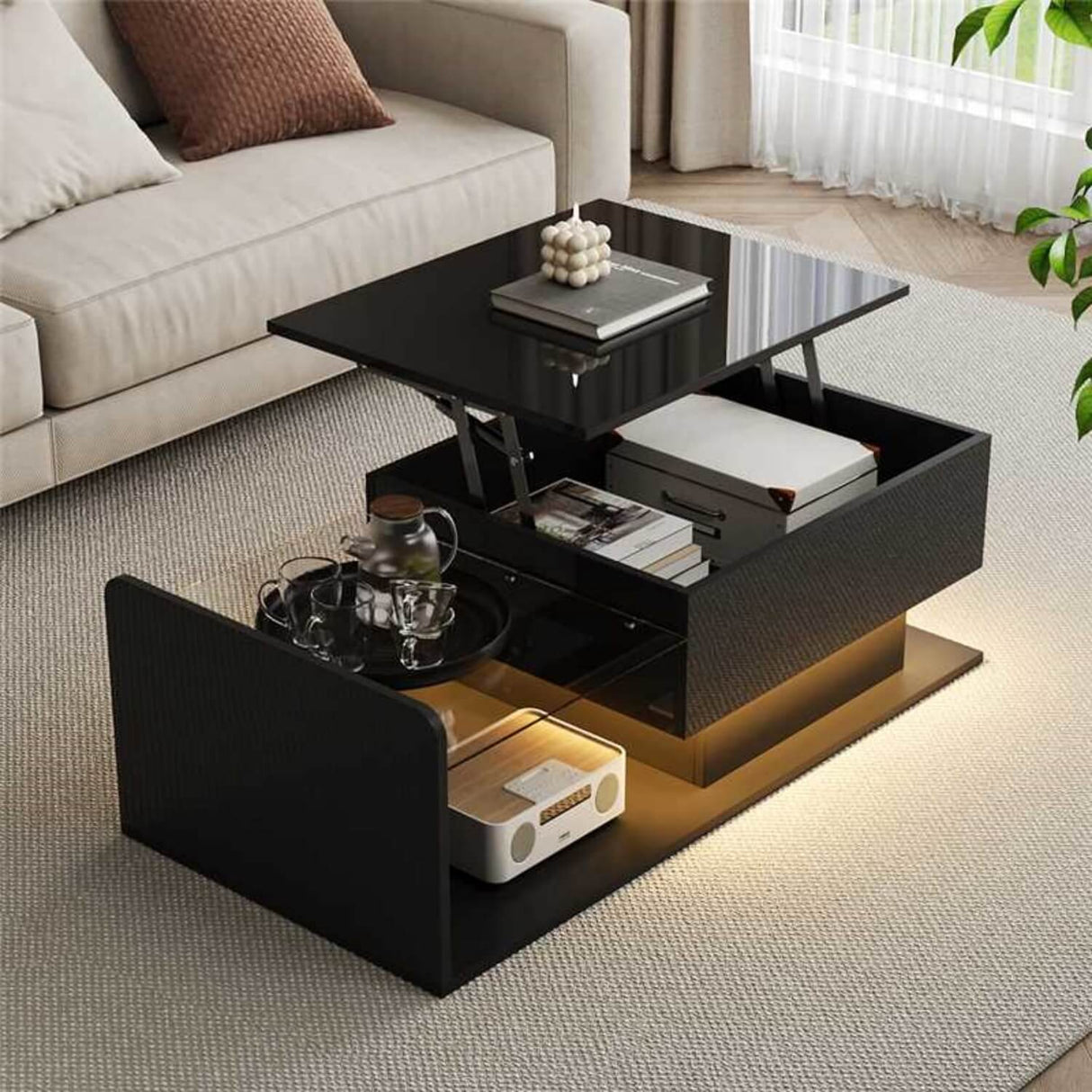 High Gloss Black Coffee Table – LED Centre Table with Glass Top for Living Room