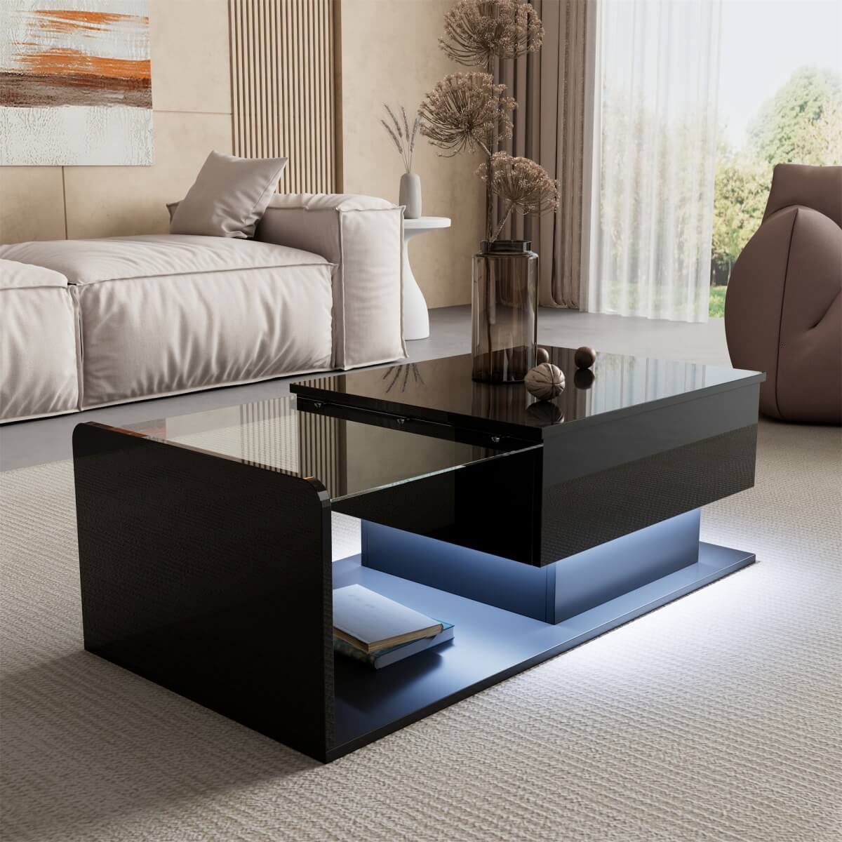 High Gloss Black Coffee Table – LED Centre Table with Glass Top for Living Room