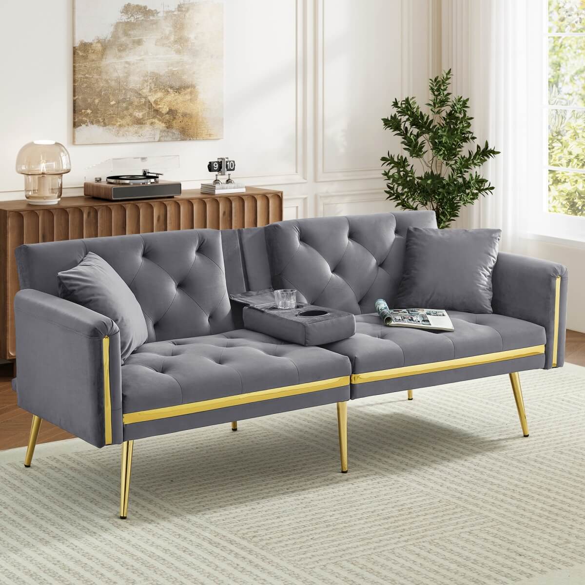 2 Seater Sofa Bed - Adjustable Backrest, Cup Holders, Convertible, Gold Accents