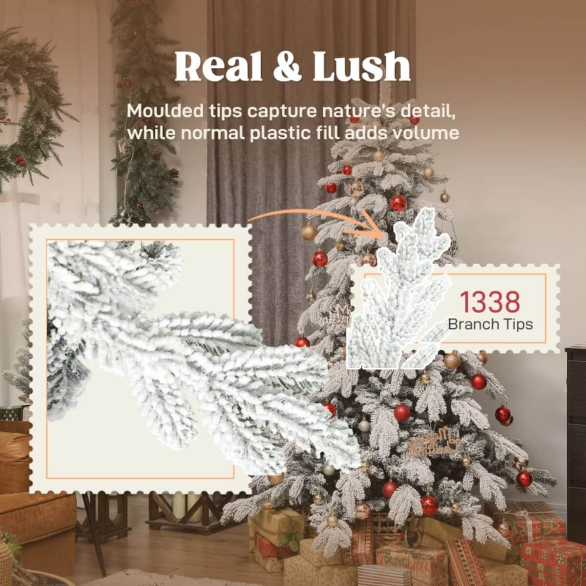 6FT Super Flocked Artificial Christmas Tree - Realistic Snow Effect, Green & White, Folding Metal Base