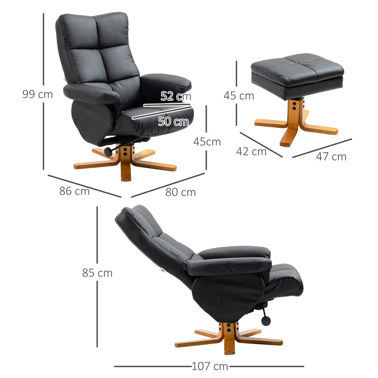 Recliner Armchair, Swivel Reclining Chair with Storage Ottoman, Black Faux Leather