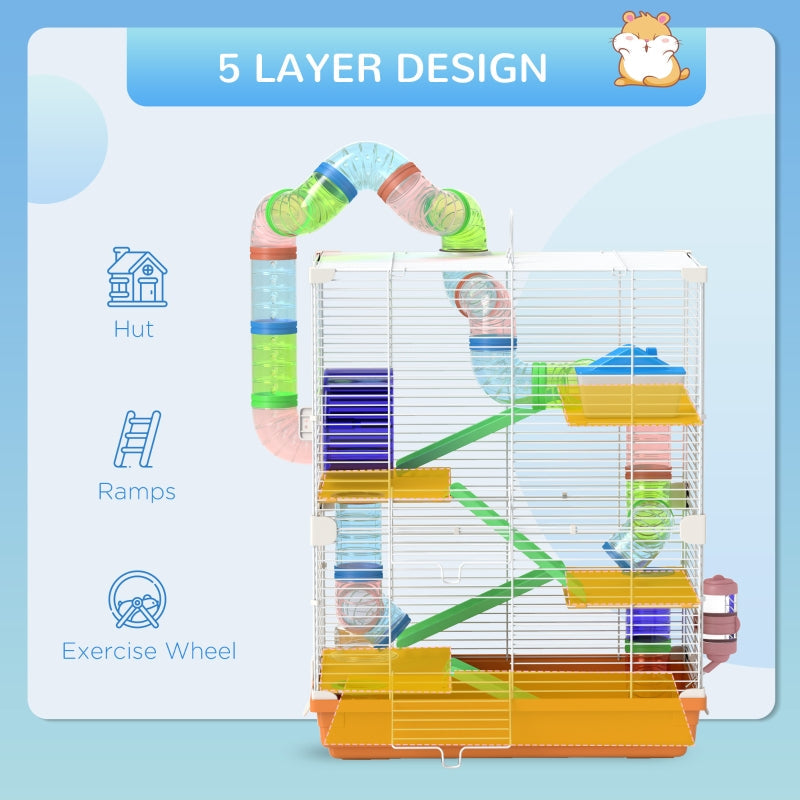 Hamster Cage, 5 Tier Habitat w/ Exercise Wheels, Tunnel, Orange