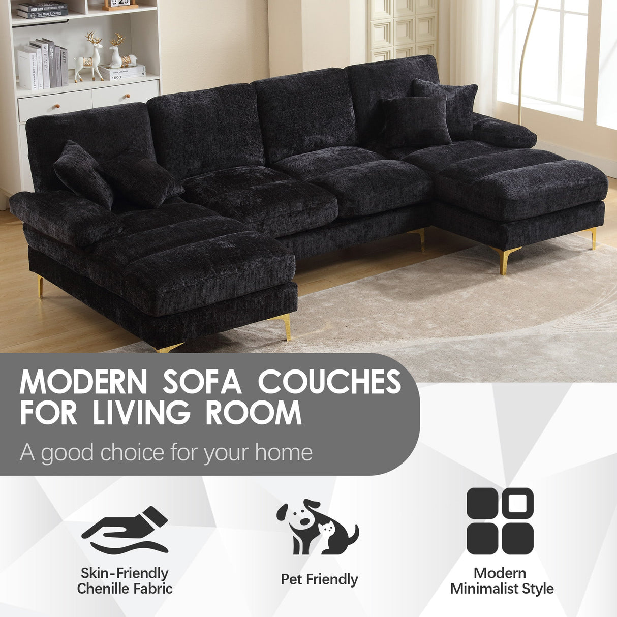 Sectional Couches GOMYWAY Modular U-Shaped with Double Chaise for Living Room Chenille Fabric