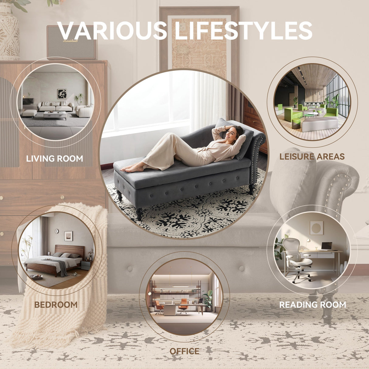 Velvet Chaise Lounge Sofa with Storage, Right Armrest