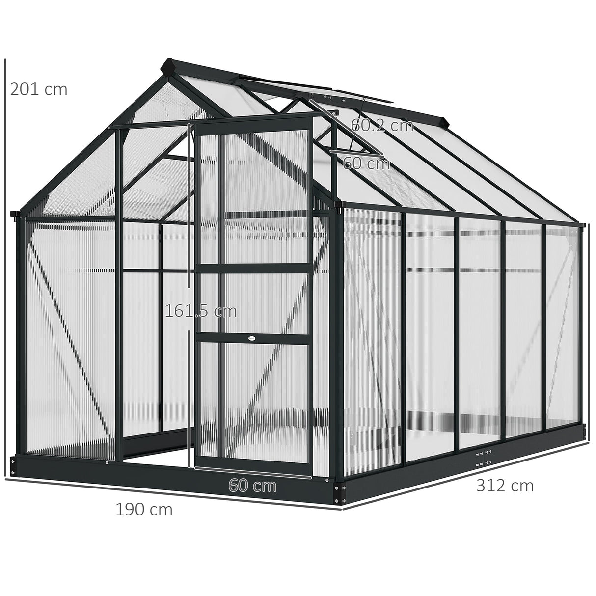 6 x 10ft Polycarbonate Greenhouse, Walk-In with Slide Door and Window, Aluminium Frame, Grey
