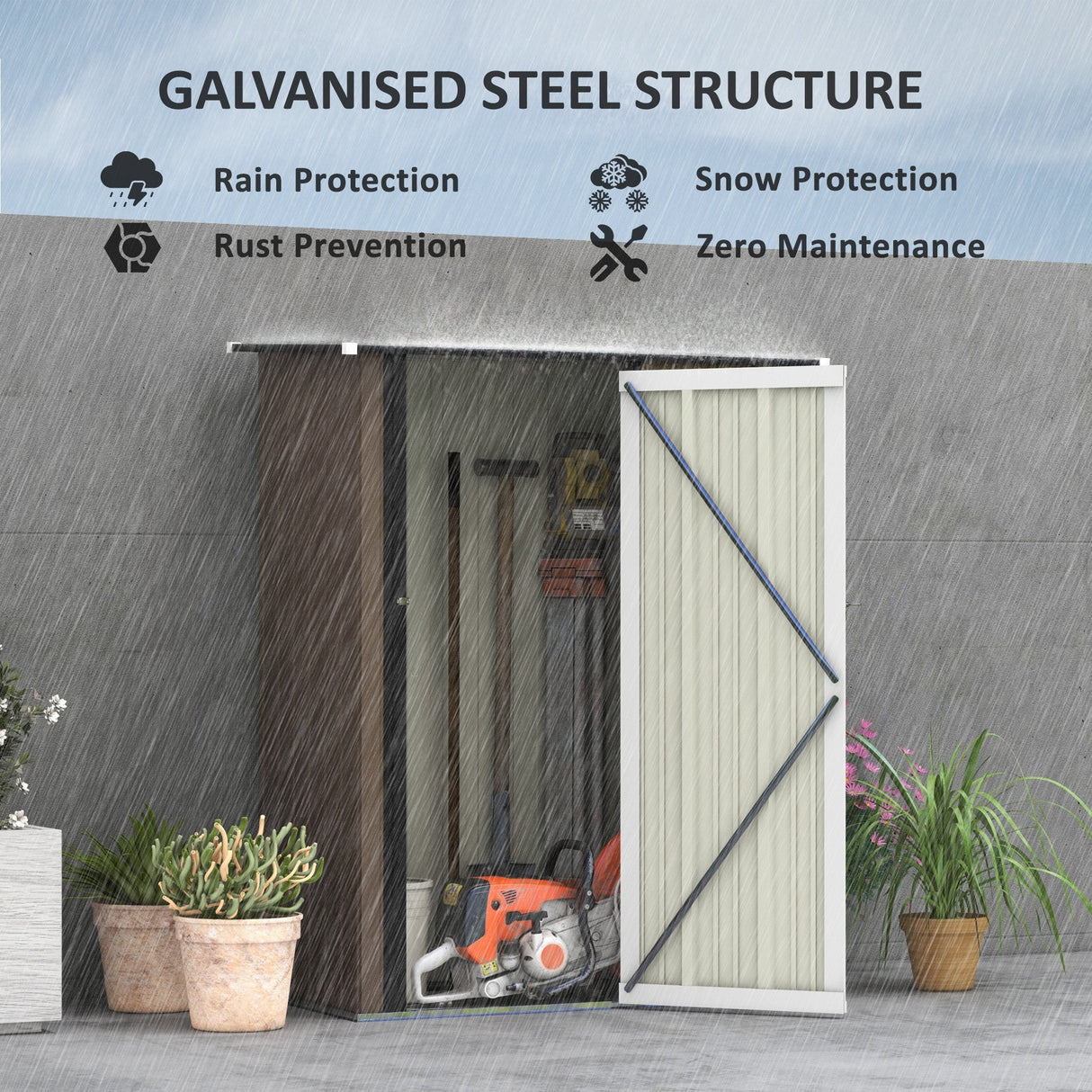 Metal Garden Storage Shed, 5ft x 3ft Sloped Roof Lockable Door, Brown