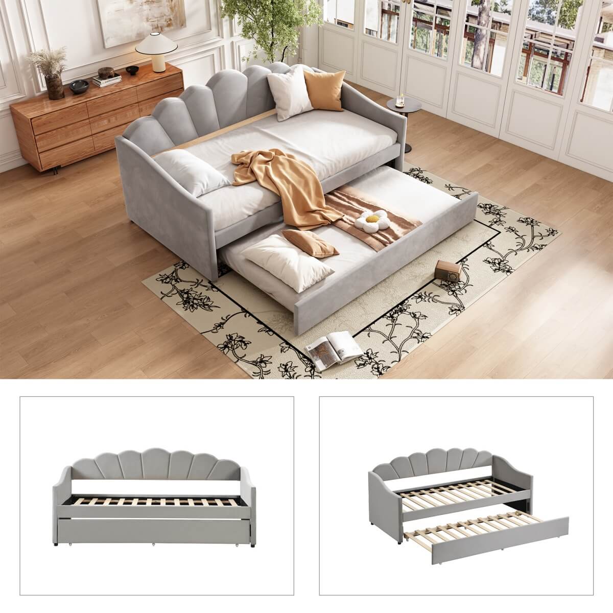 3ft Single Upholstered Day Bed - Velvet Sofa Bed with Pull-Out Trundle Bed, Grey
