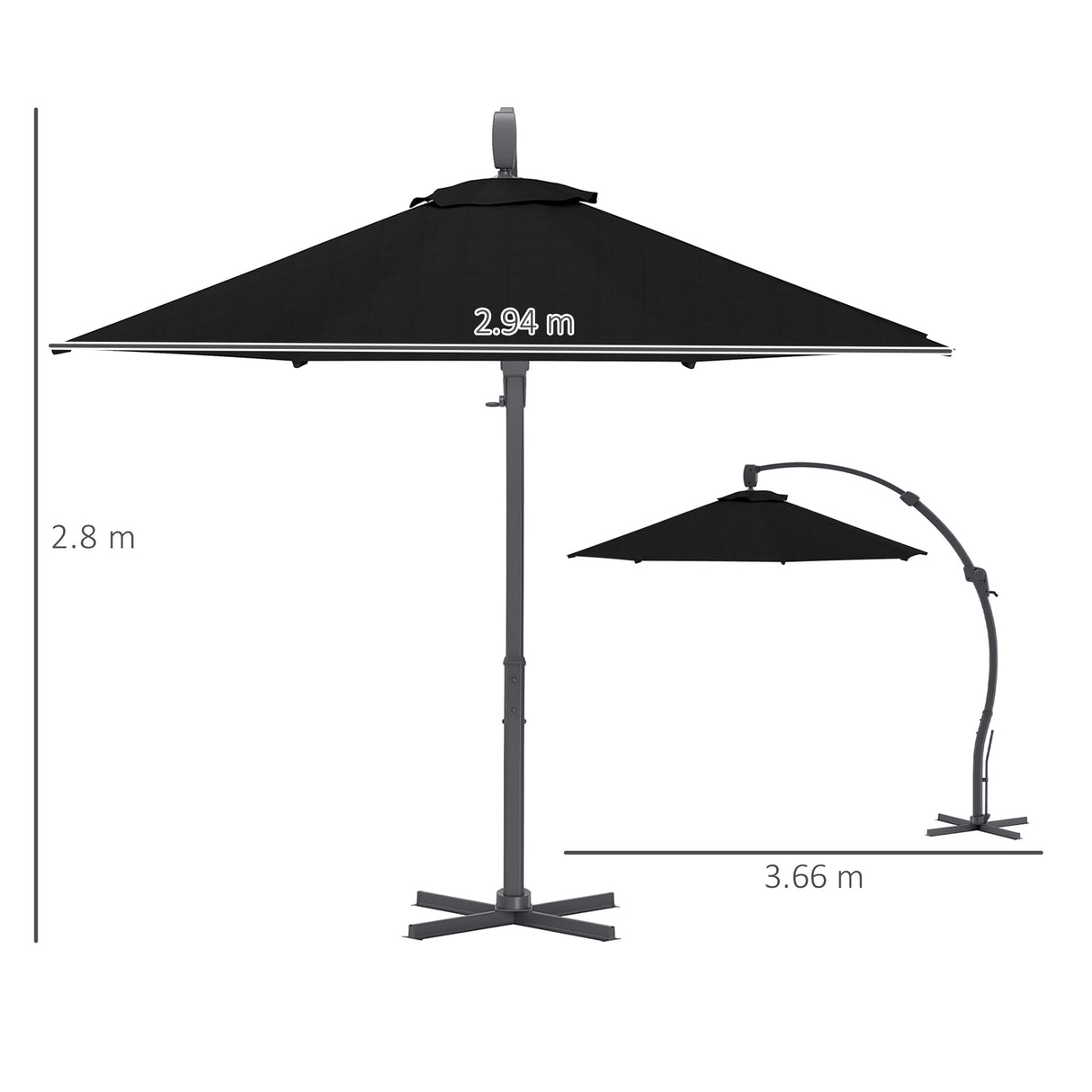 Garden Cantilever Parasol, 3m Round Overhanging Umbrella with Crank Handle, Black