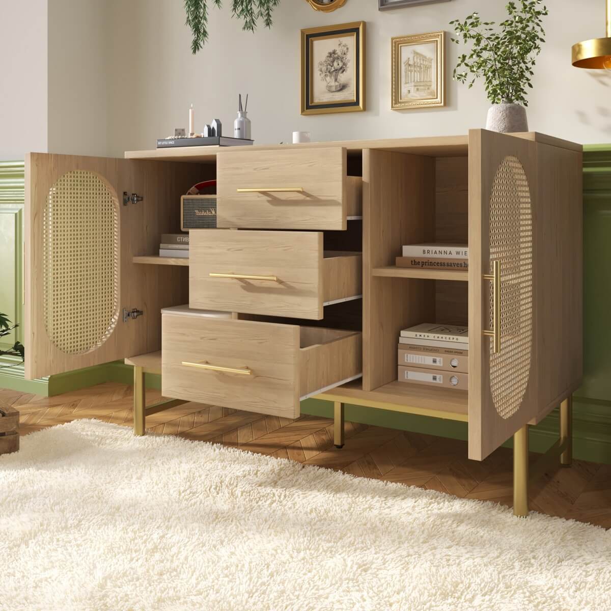 Rattan Sideboard Cabinet with 2 Doors & 3 Drawers - Wooden Storage Cupboard for Living Room, Oak