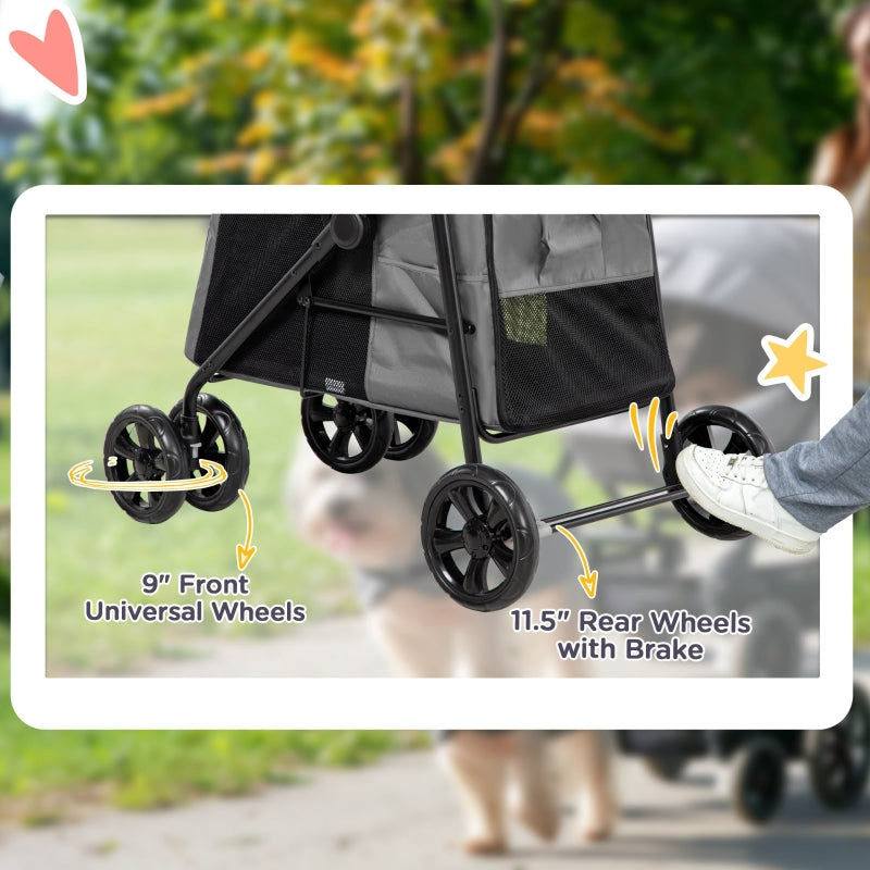 Foldable Pet Stroller, One Click Pushchair Travel Carriage with EVA Wheels, Grey