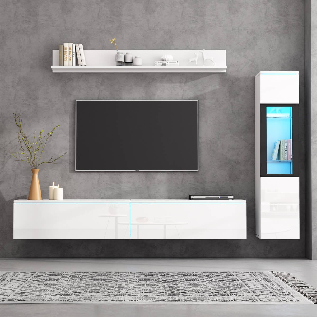 3-Piece White TV Wall Unit with LED Lights - High Gloss TV Stand, Display Cabinet and Wall Shelf for Living Room