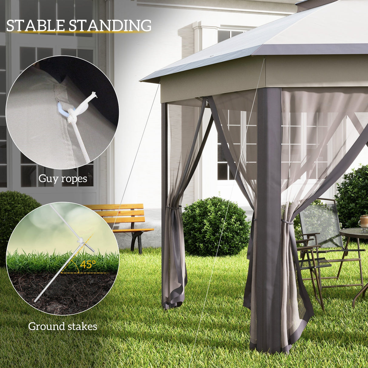 Garden Gazebo Hexagon Pop Up Tent Double Roof Instant Shelter with Netting, Beige