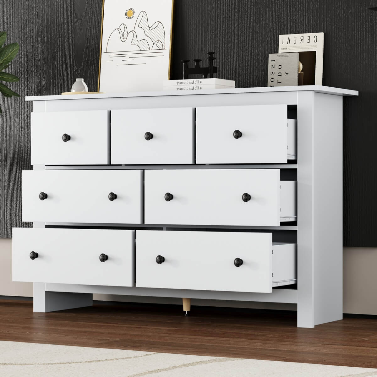 White Sideboard with 7 Drawers - Storage Cabinet for Living Room & Kitchen