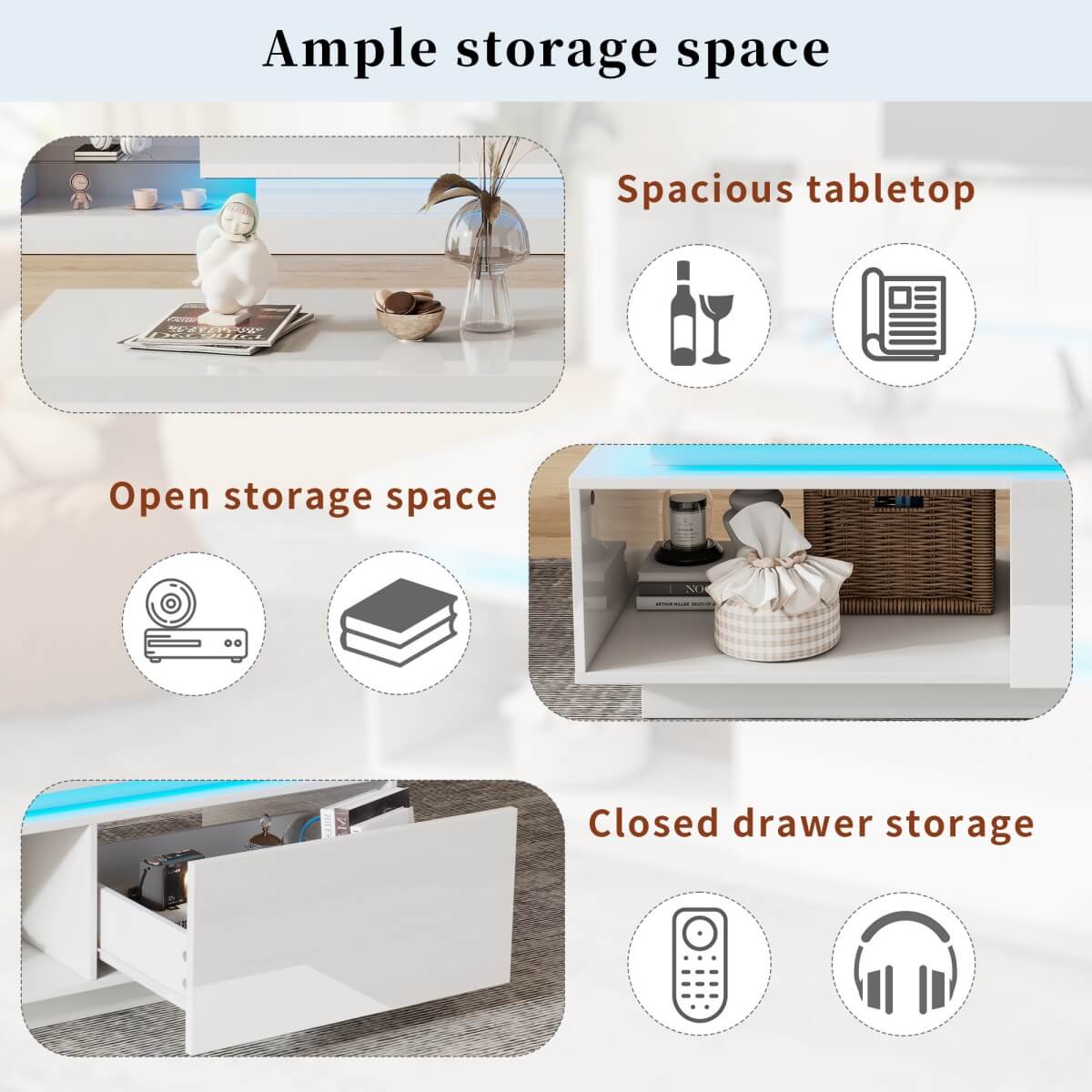 High Gloss Coffee Table – LED RGB Lights, Drawer Storage & Open Shelf, White