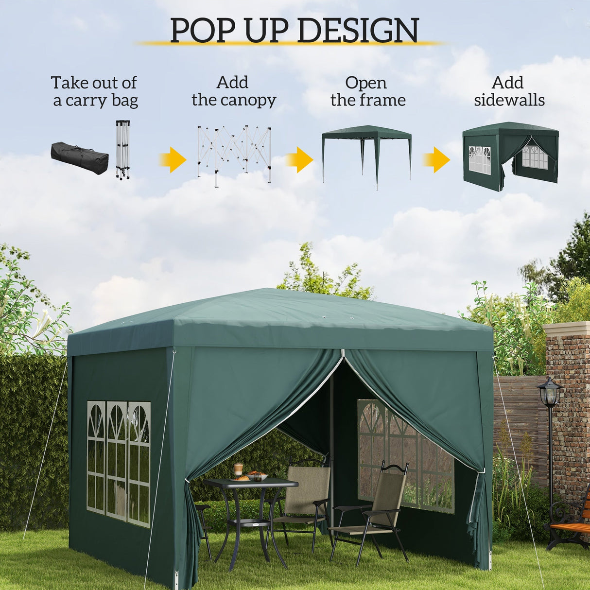Pop Up Gazebo, 3 x 3m Wedding Party Canopy Tent with Carry Bag and Windows, Green