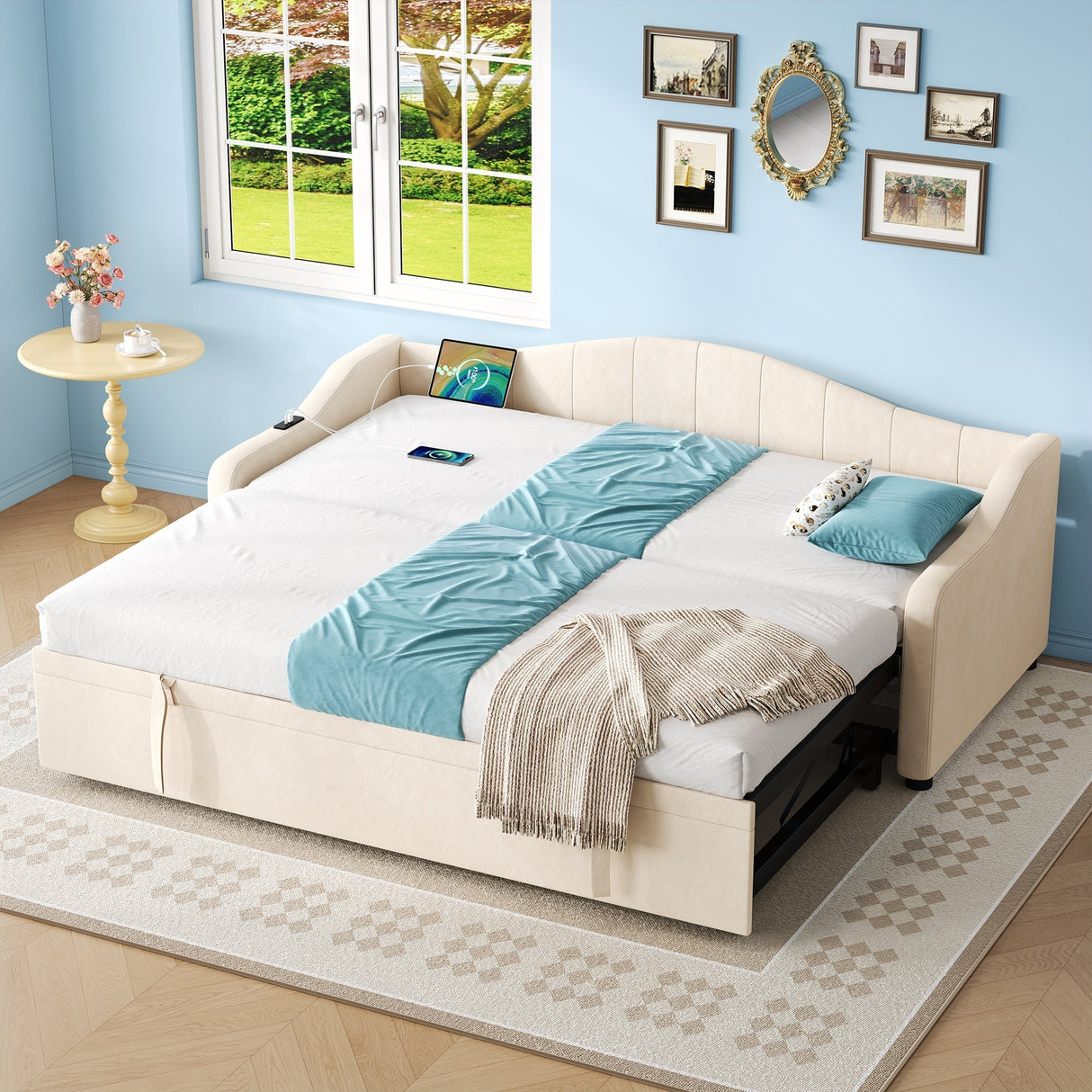 Upholstered Bed 90x190cm Daybed Sofa Bed with Charging Station, 3ft Single Velvet Bed with USB and Type-C Ports, Pull Out Trundle Bed, Beige