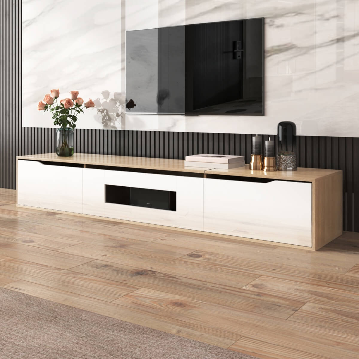 TV cabinet, high gloss, white and wood color, with color changing LED light