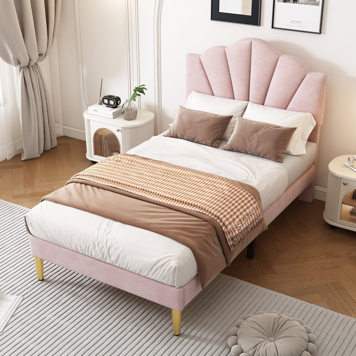 Velvet Upholstered Single Bed - 3ft (90*190cm) with Shell-like Design, Golden Iron Legs, Height-Adjustable Headboard, Wooden Slatted Frame, Pink