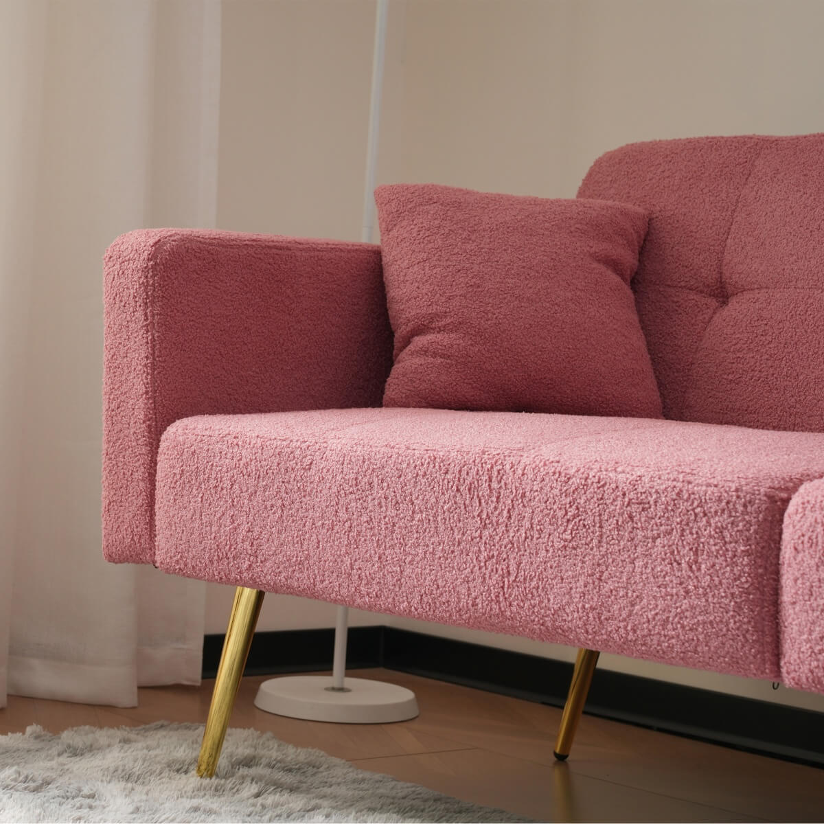 Modern Convertible Sofa Bed - Adjustable Recliner Sofa with Gold Legs and Side Storage Pockets, Pink