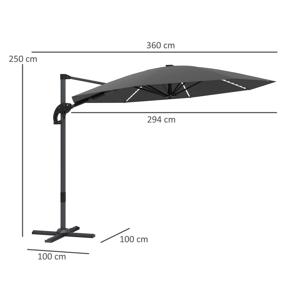 Cantilever Garden Parasol, Solar Powered Lights, Crank Handle, Cross Base, UPF 50+, 360?? Rotation, Dark Grey