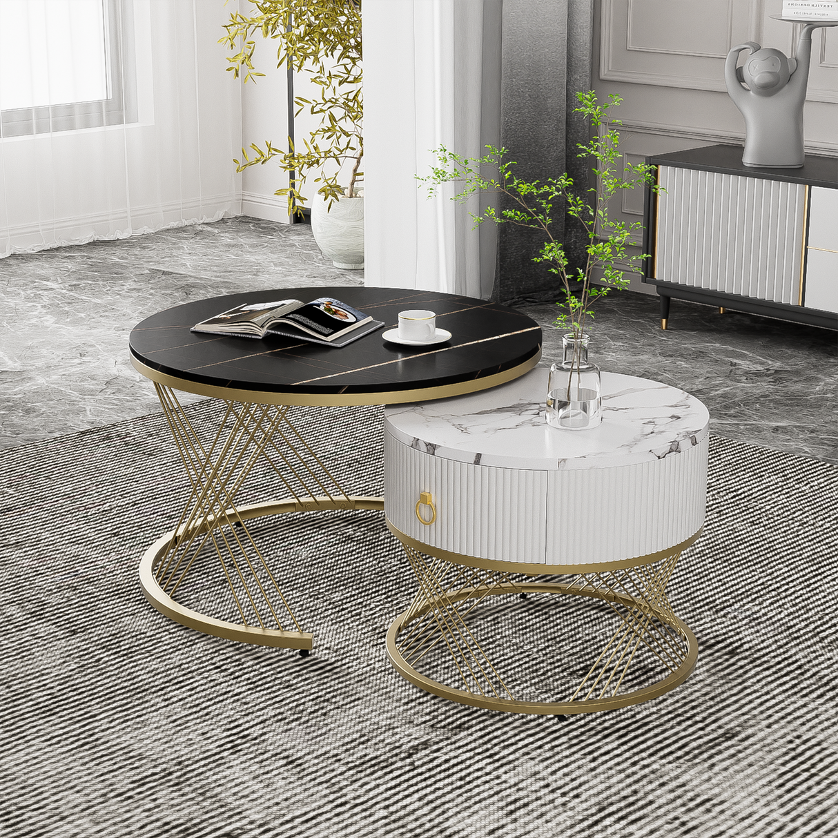 Elegant nesting Coffee Table: Marble Look, Gold Decor, Side Table with Drawers - Set of 2