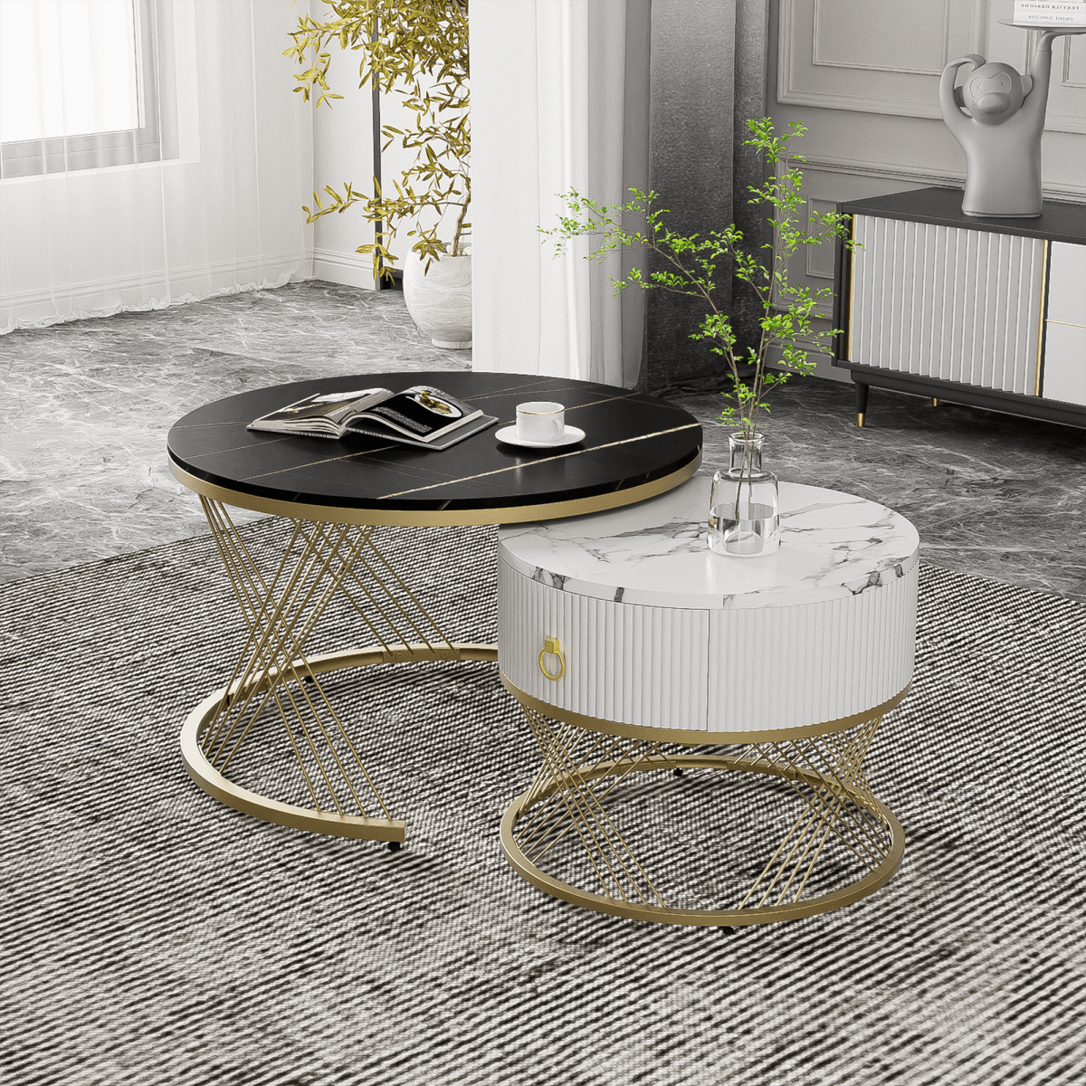 Nesting Coffee Table Set of 2 with Drawers - Marble Effect Tables with Gold Frame