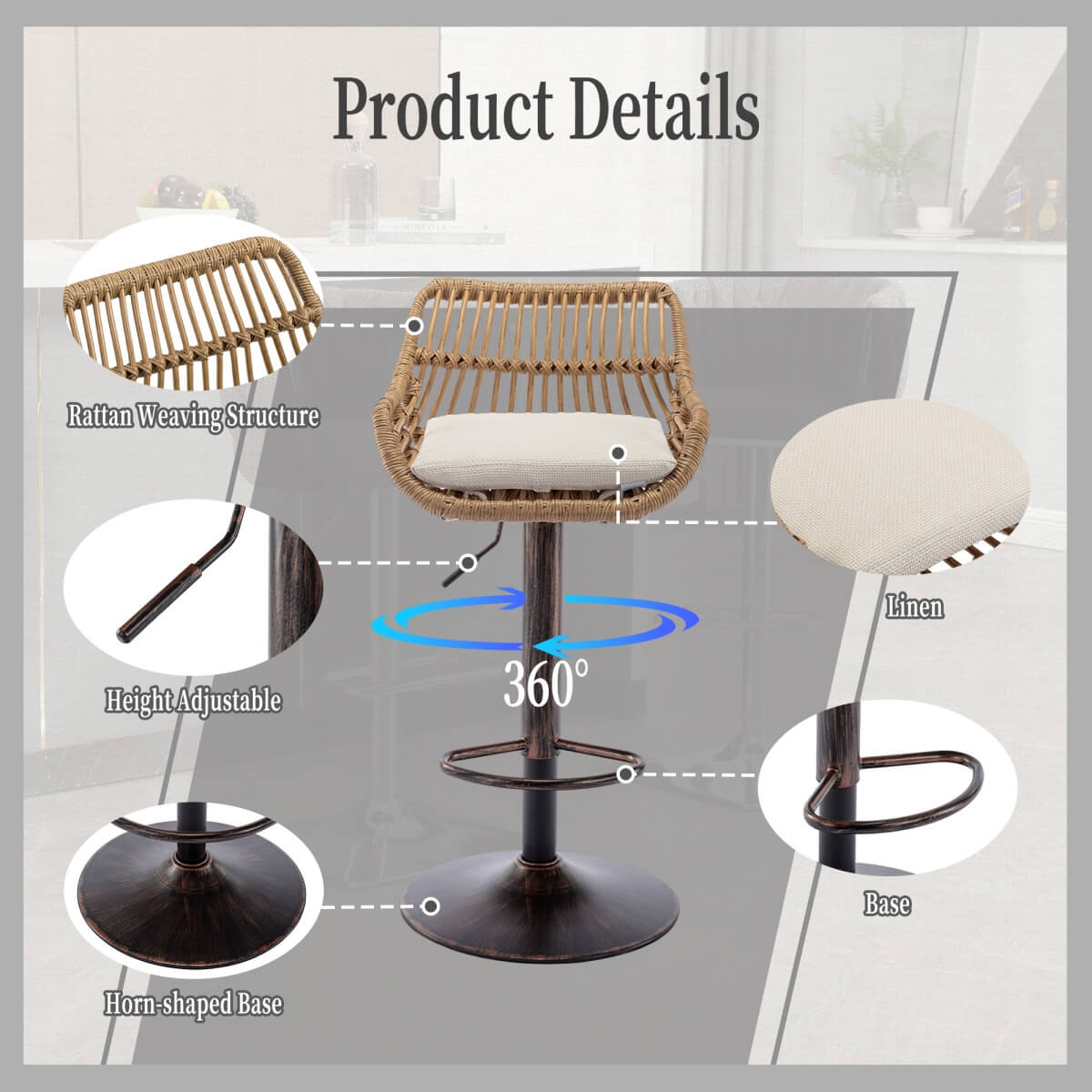 Set of 2 Swivel Bar Stools – Height Adjustable Bar Chairs with Cushions for Kitchen Island & Home Bar